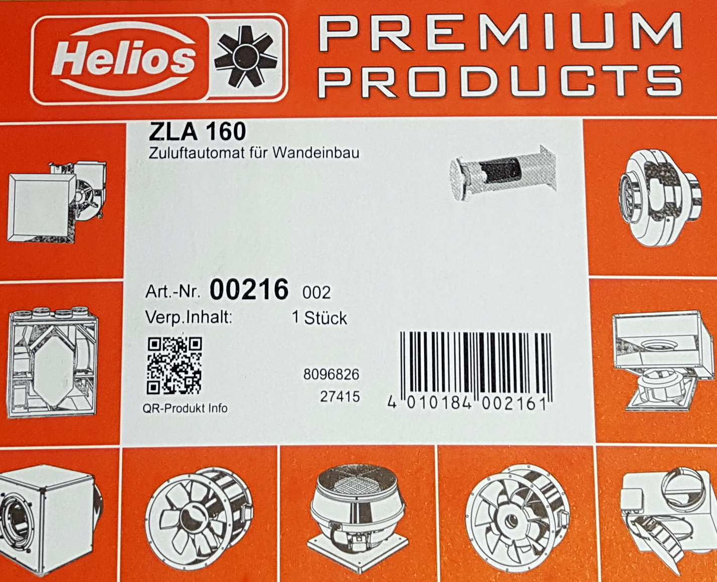 Helios ZLA 160 Supply air unit for wall recessing 0216 00216