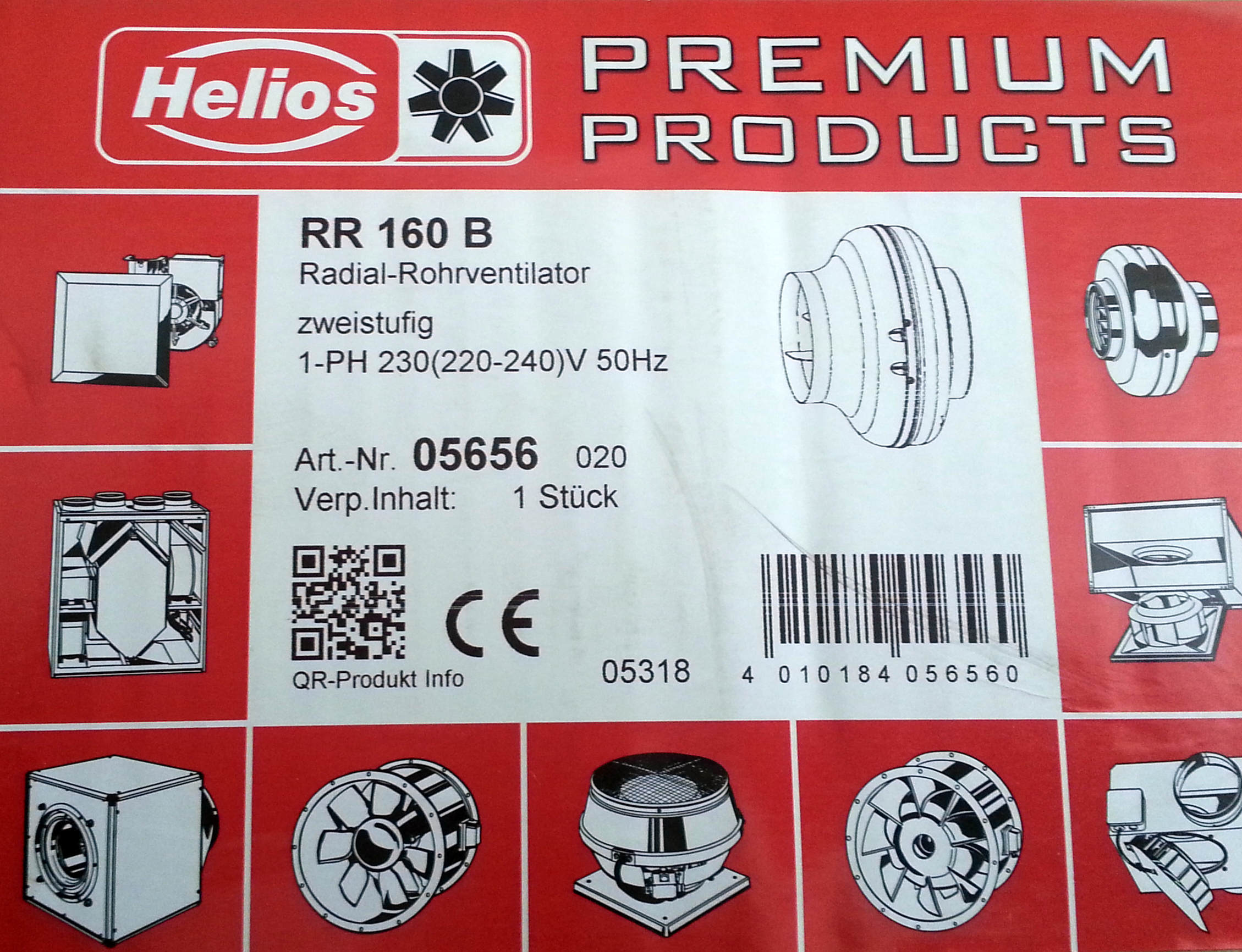 Helios RR 160 B Centrifugal in-line fan ventilator, 1-PH 5656 05656